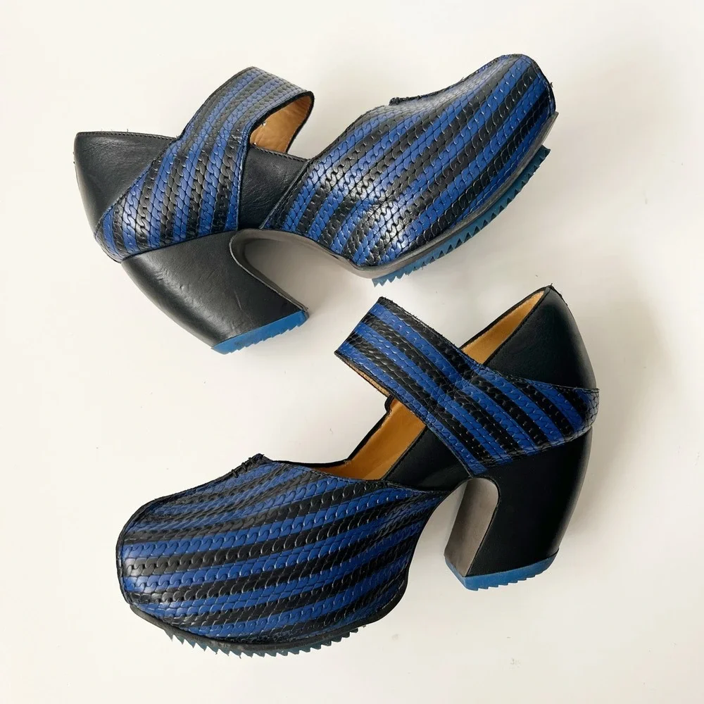 John Fluevog Mary Janes Heels 7.5 Blue Black Prepare Leader Striped Leather